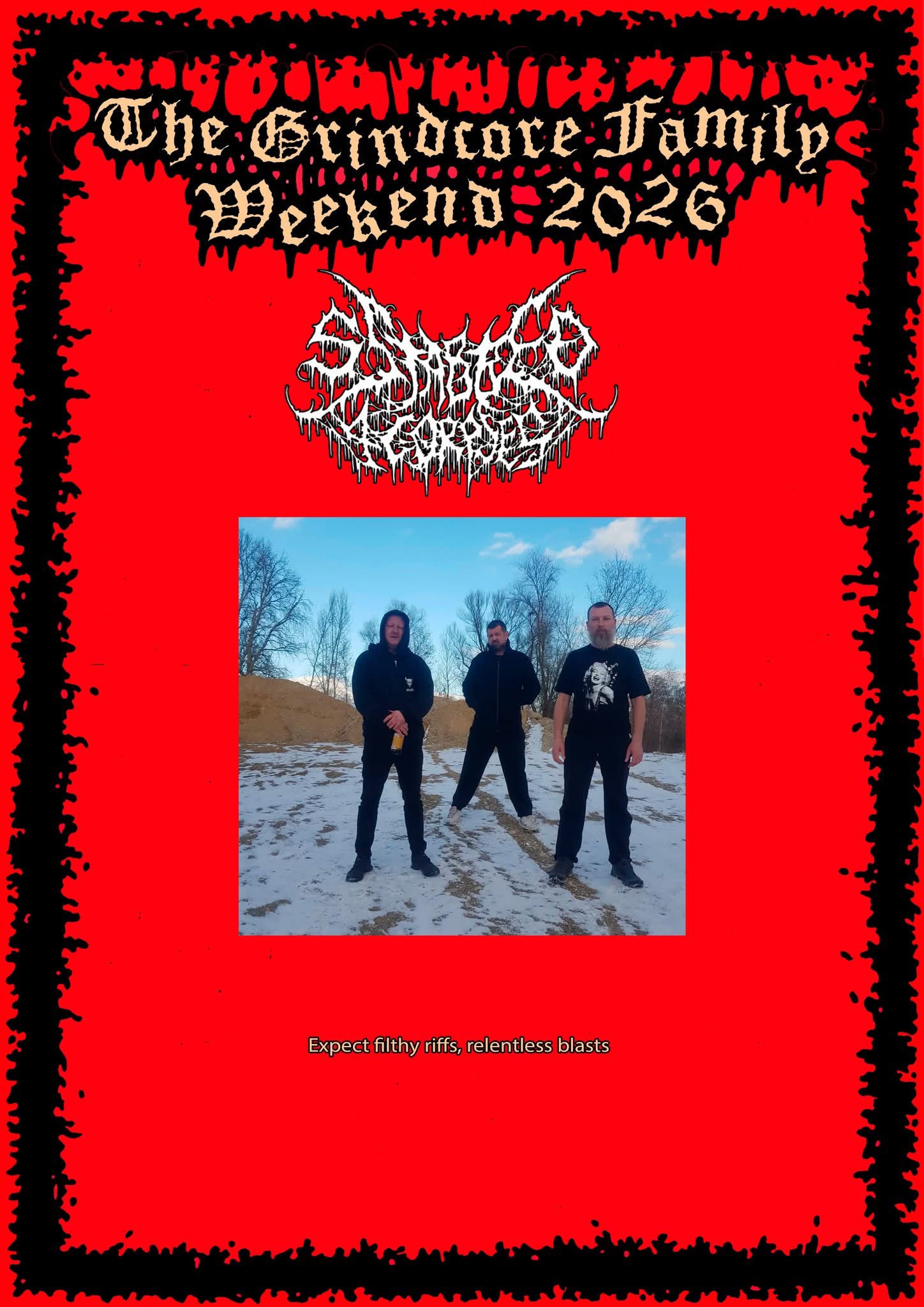 The Grindcore Family Weekend 2026 poster featuring 5 Stabbed 4 Corpses