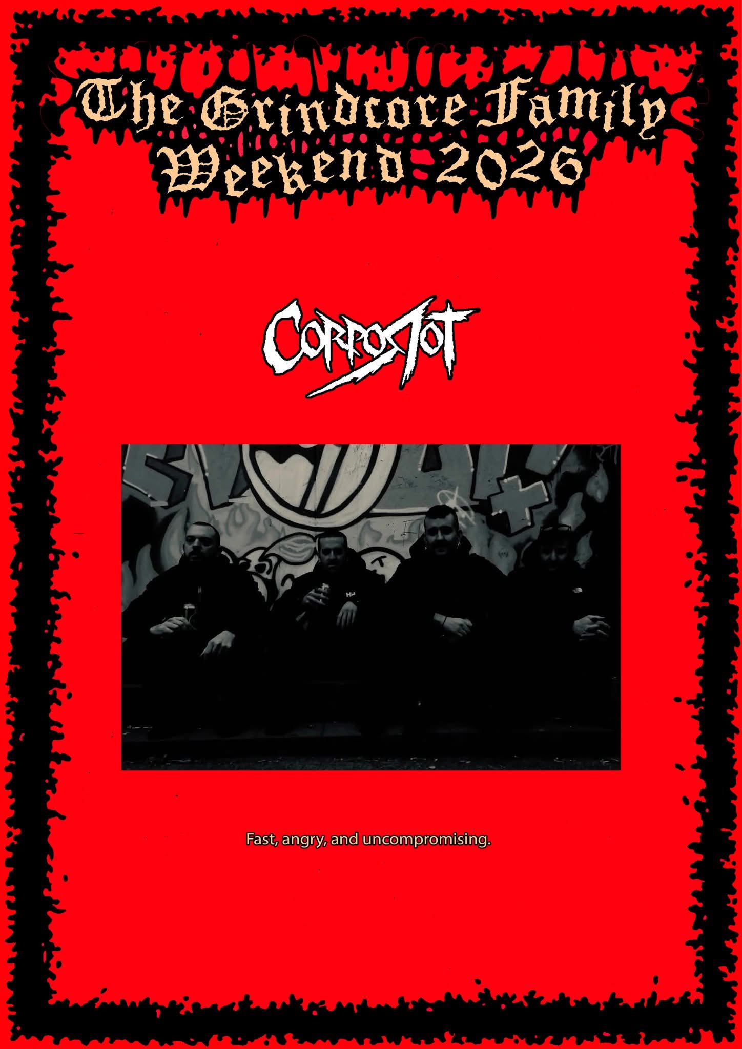 The Grindcore Family Weekend 2026 poster featuring CorpoRot