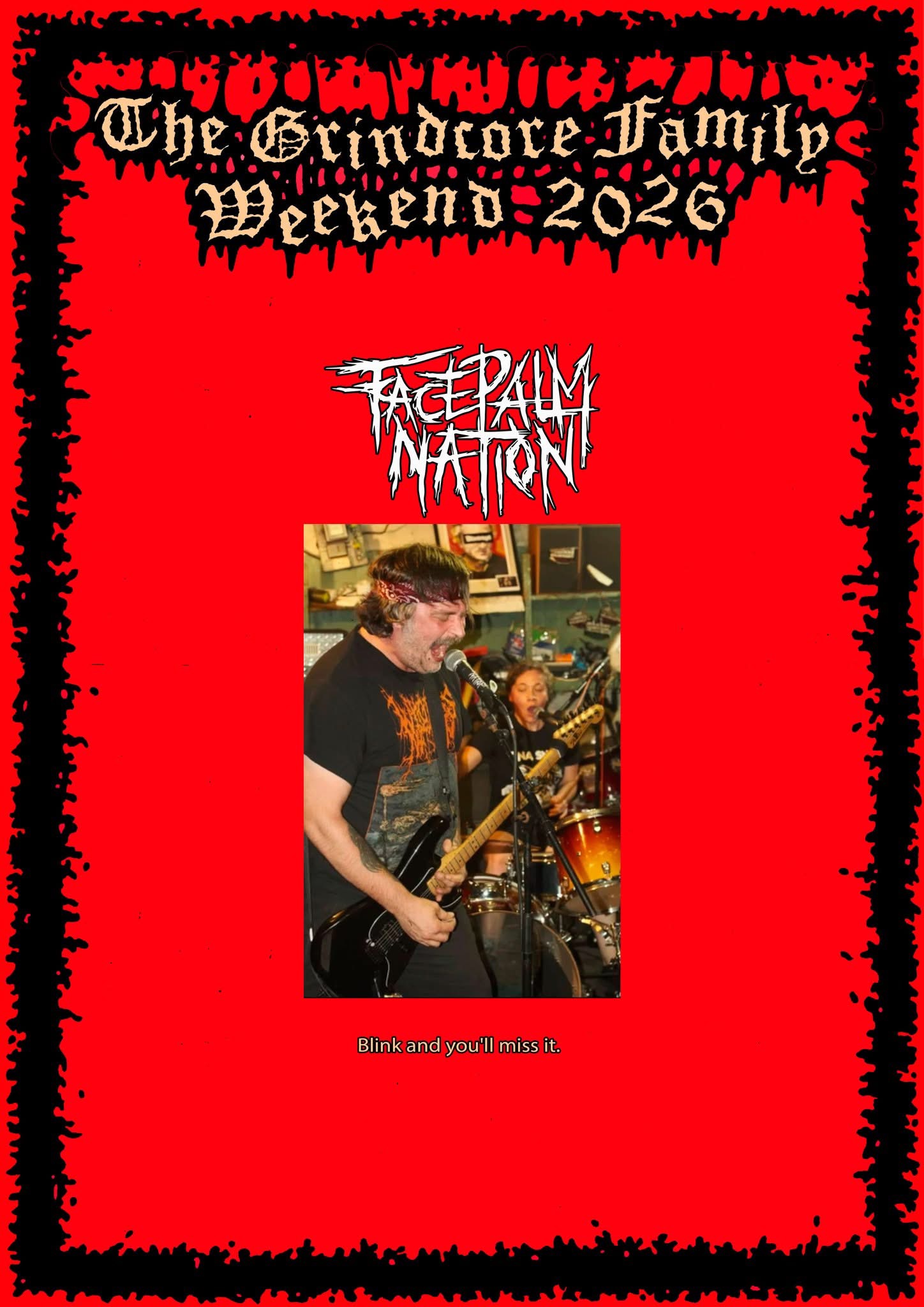 The Grindcore Family Weekend 2026 poster featuring Facepalm Nation